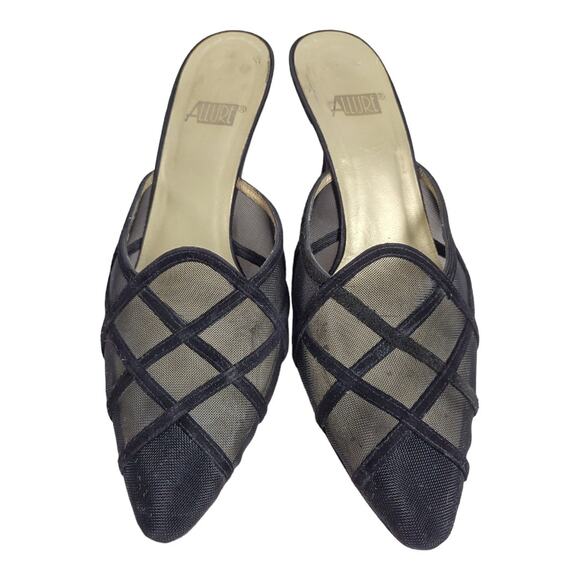 ALLURE Black Slip On Mules Size 7.5 Black Mesh and Suede Trim High Heels Formal - Picture 2 of 11